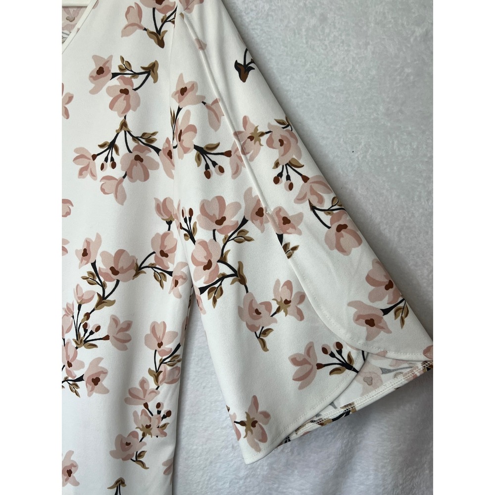 Ann Taylor Factory Floral V-Neck Blouse XL White Pink Tulip Split Sleeve Top - Picture 3 of 6